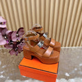 HERMES 25S CLASSIC WEDGE SANDALS 70 MM IN BROWN LAMBSKIN WITH SILVER HARDWARE
