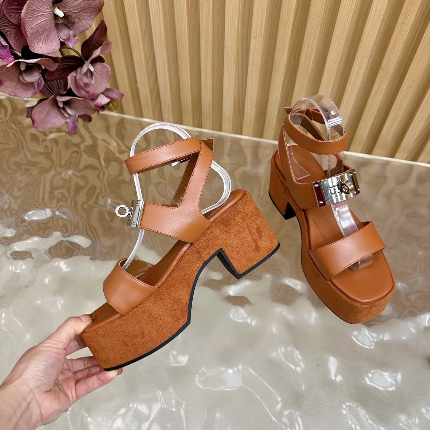 HERMES 25S CLASSIC WEDGE SANDALS 70 MM IN BROWN LAMBSKIN WITH SILVER HARDWARE