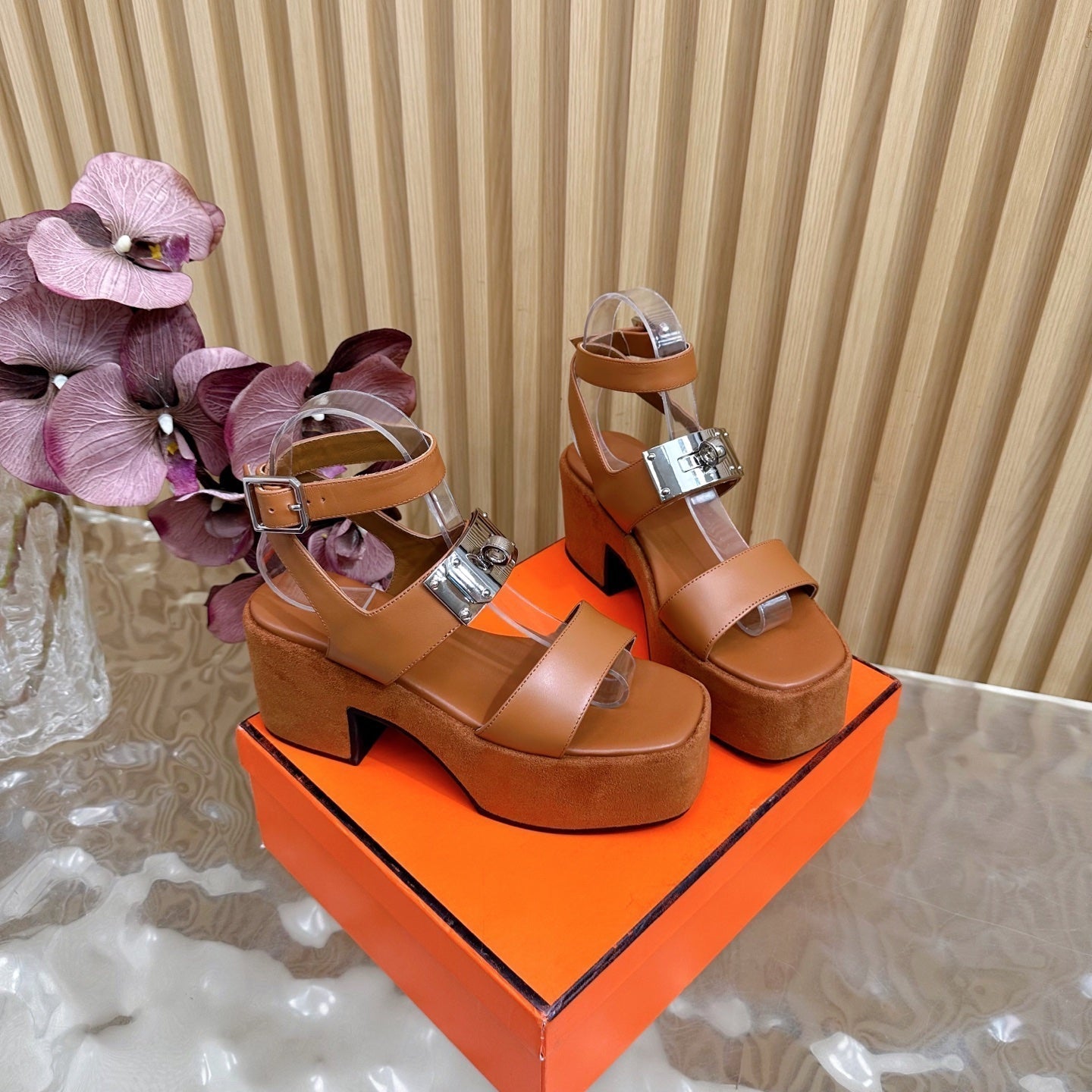 HERMES 25S CLASSIC WEDGE SANDALS 70 MM IN BROWN LAMBSKIN WITH SILVER HARDWARE