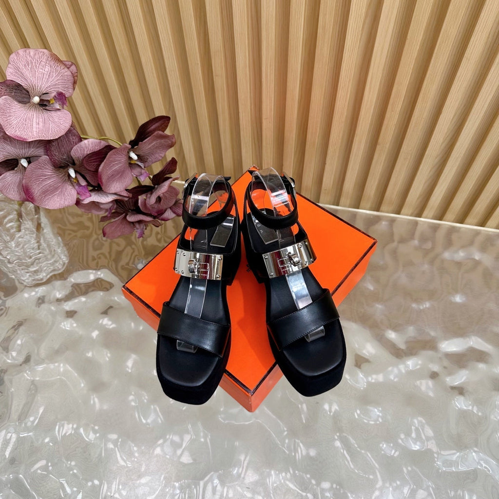 HERMES 25S CLASSIC WEDGE SANDALS 70 MM IN BLACK LAMBSKIN WITH SILVER HARDWARE