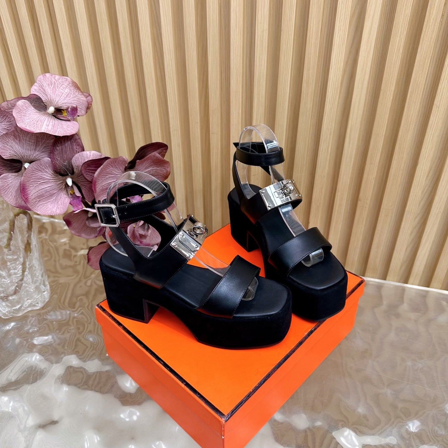 HERMES 25S CLASSIC WEDGE SANDALS 70 MM IN BLACK LAMBSKIN WITH SILVER HARDWARE