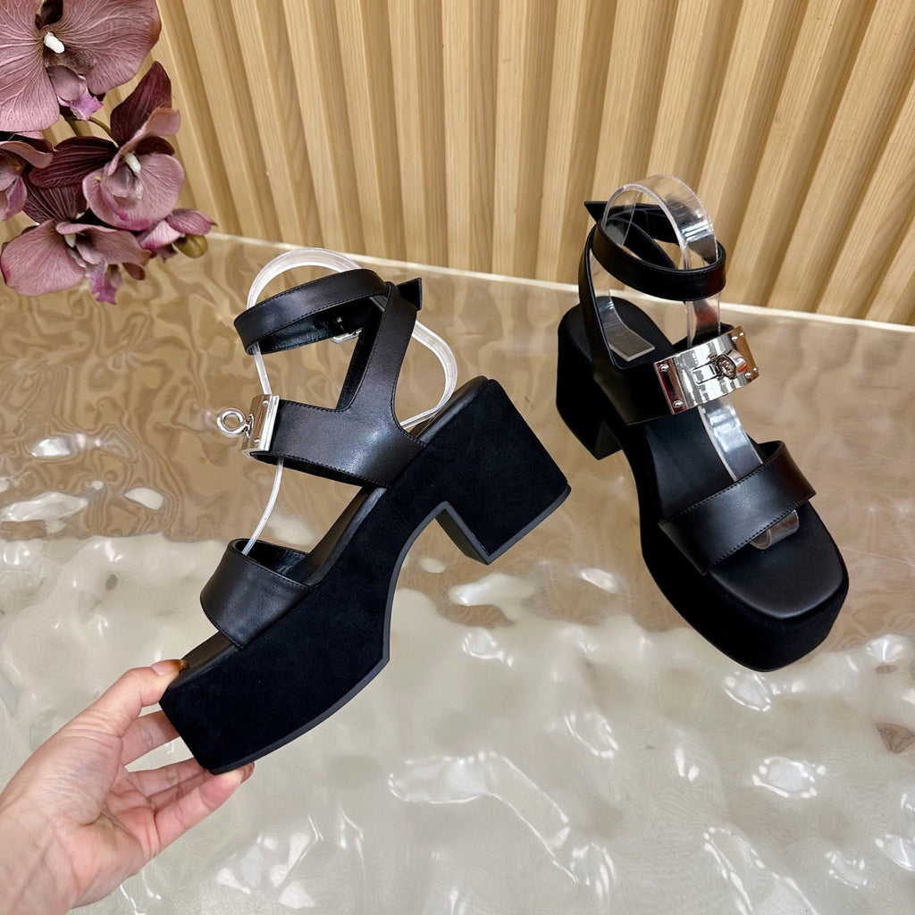 HERMES 25S CLASSIC WEDGE SANDALS 70 MM IN BLACK LAMBSKIN WITH SILVER HARDWARE