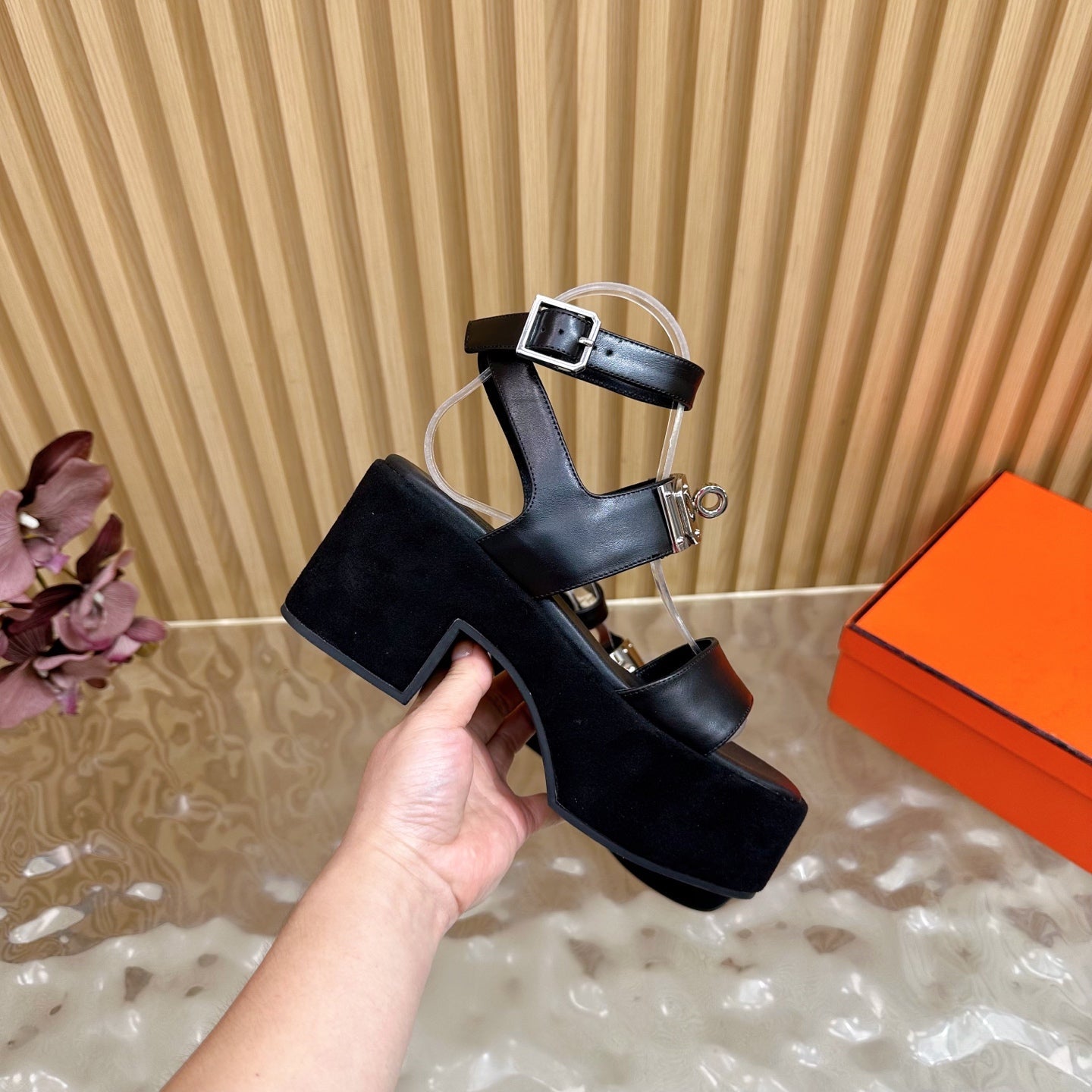HERMES 25S CLASSIC WEDGE SANDALS 70 MM IN BLACK LAMBSKIN WITH SILVER HARDWARE