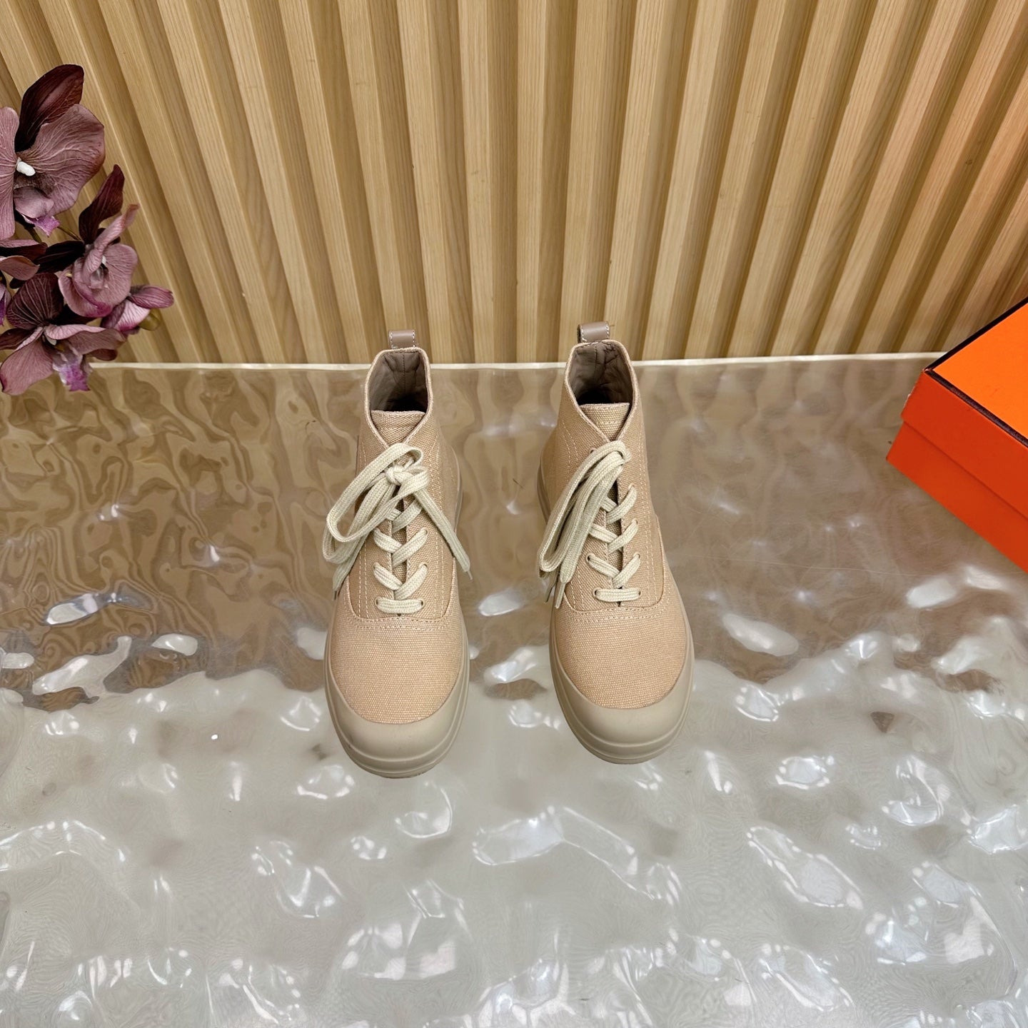 HERMES 25S KOOLER ANKLE BOOTS IN BEIGE CANVAS