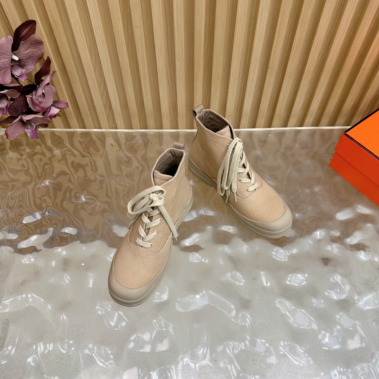 HERMES 25S KOOLER ANKLE BOOTS IN BEIGE CANVAS
