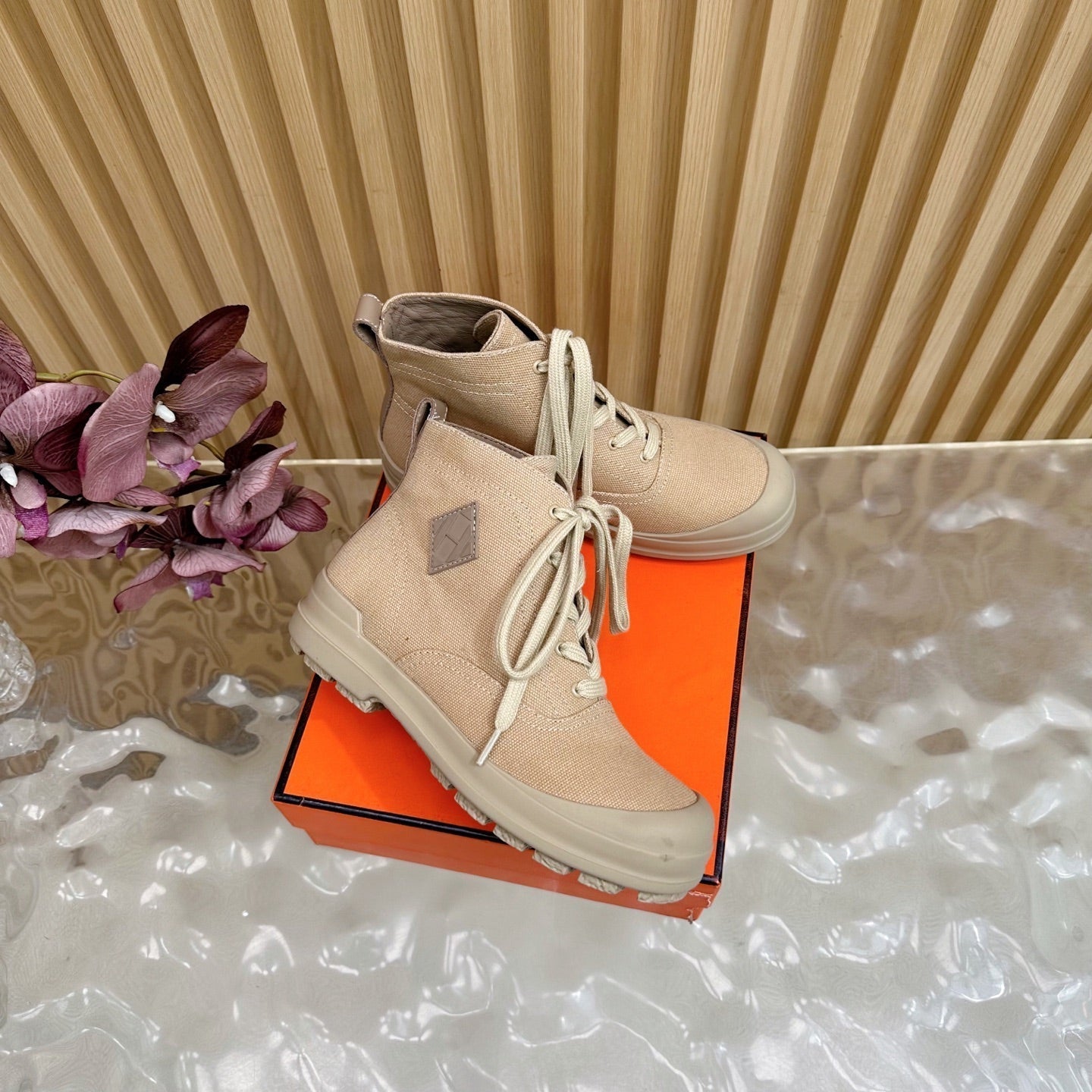 HERMES 25S KOOLER ANKLE BOOTS IN BEIGE CANVAS