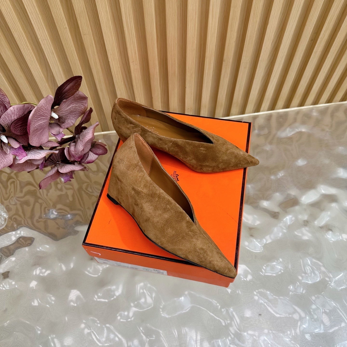HERMES 25S HIGH-HEEL WEDGE SHOES 50 MM IN BROWN SUEDE