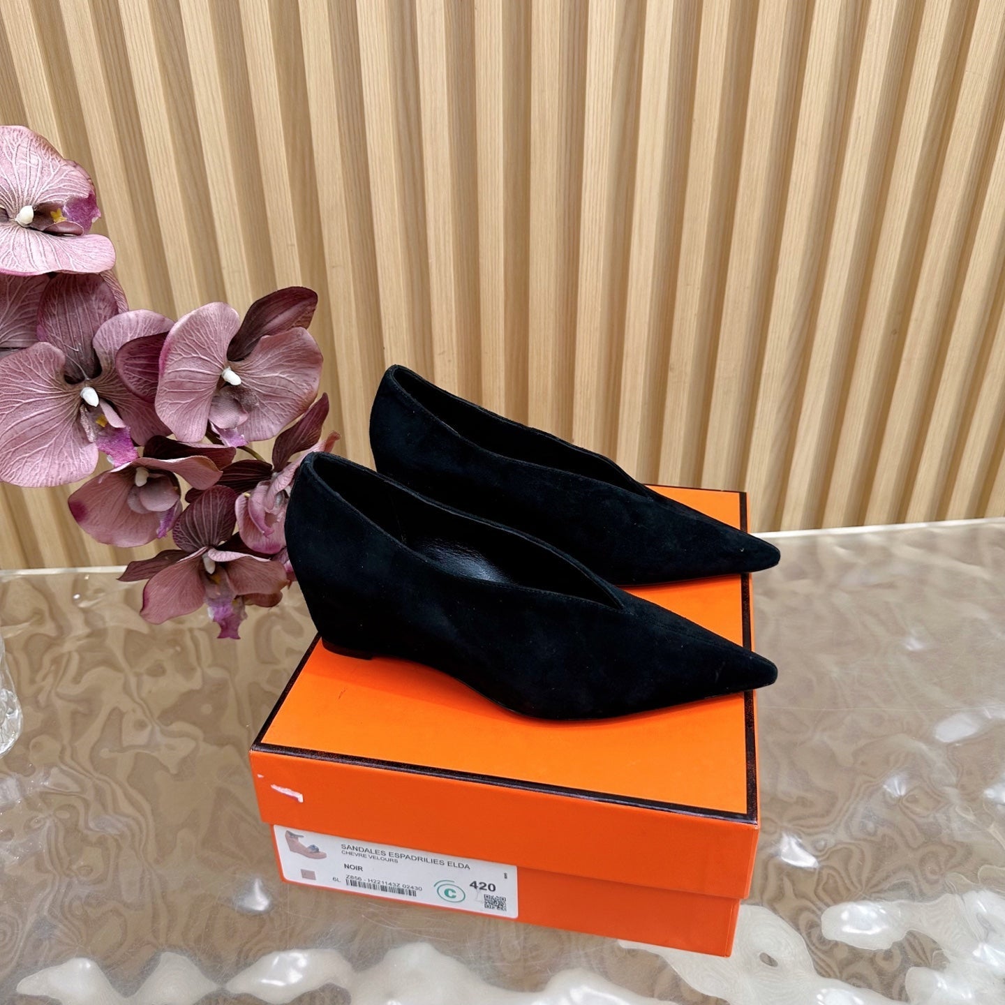 HERMES 25S HIGH-HEEL WEDGE SHOES 50 MM IN BLACK SUEDE