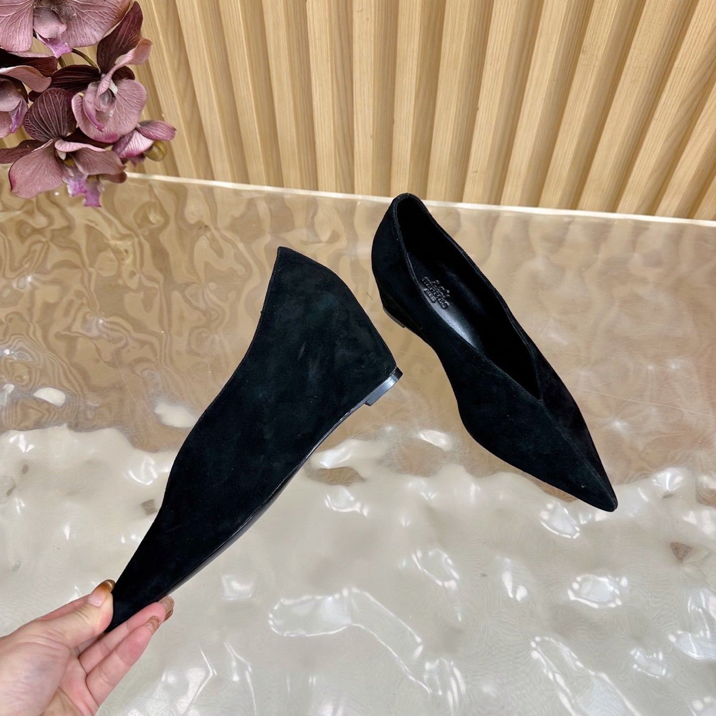 HERMES 25S HIGH-HEEL WEDGE SHOES 50 MM IN BLACK SUEDE