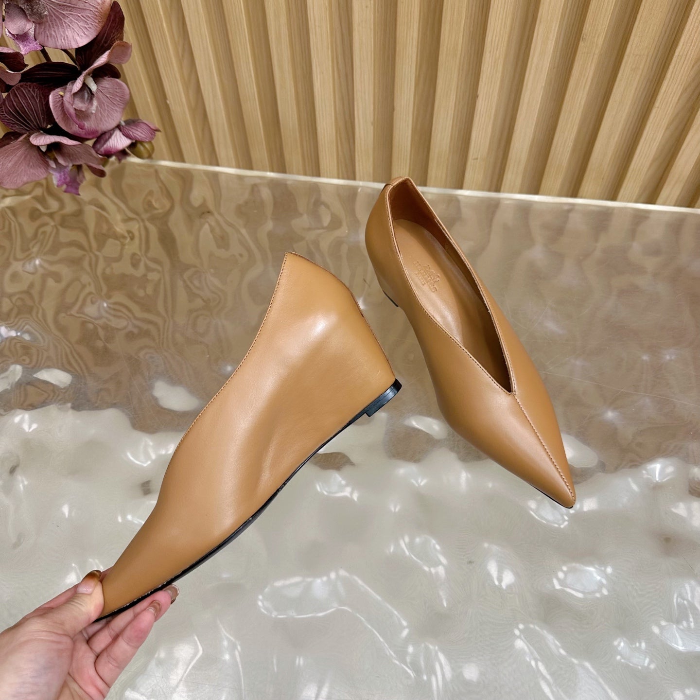HERMES 25S HIGH-HEEL WEDGE SHOES 50 MM IN BROWN LAMBSKIN