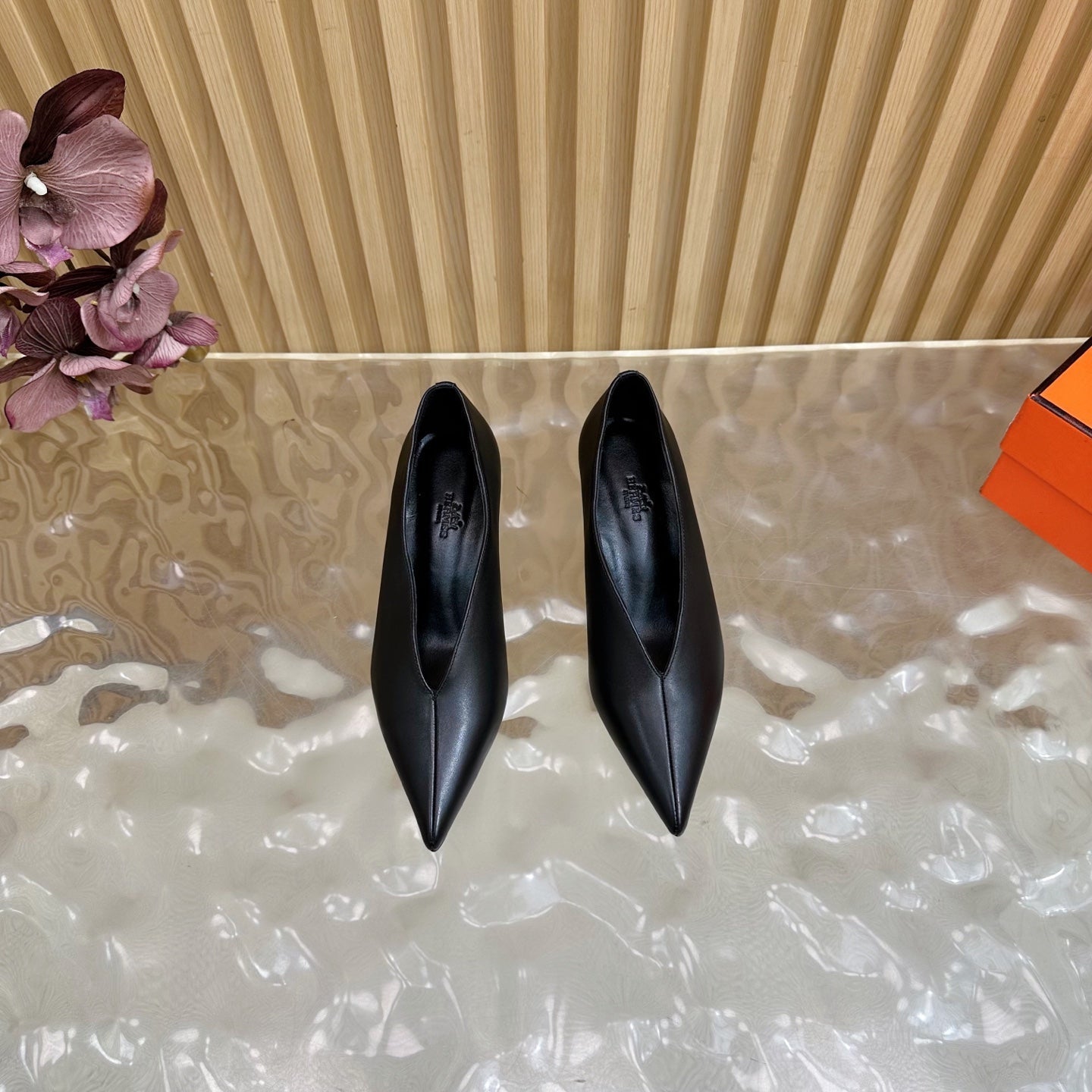 HERMES 25S HIGH-HEEL WEDGE SHOES 50 MM IN BLACK LAMBSKIN