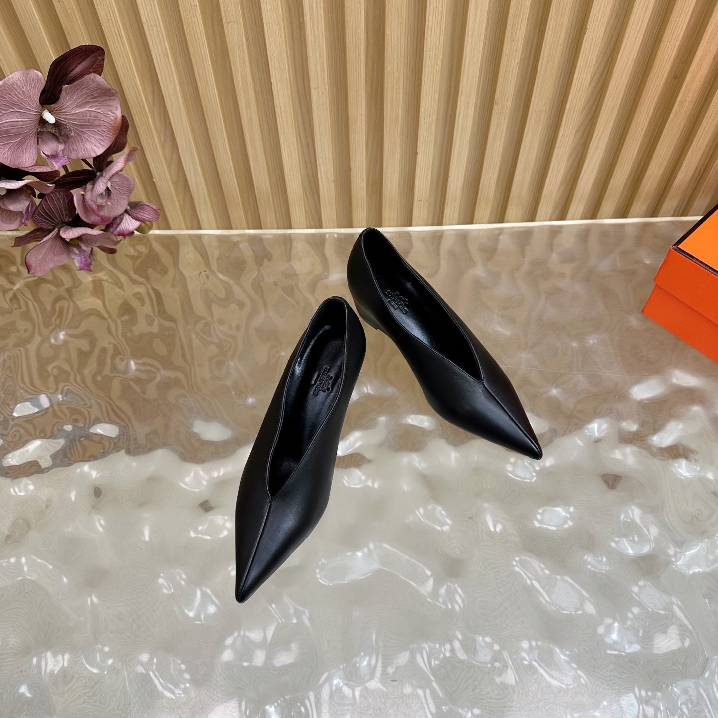 HERMES 25S HIGH-HEEL WEDGE SHOES 50 MM IN BLACK LAMBSKIN