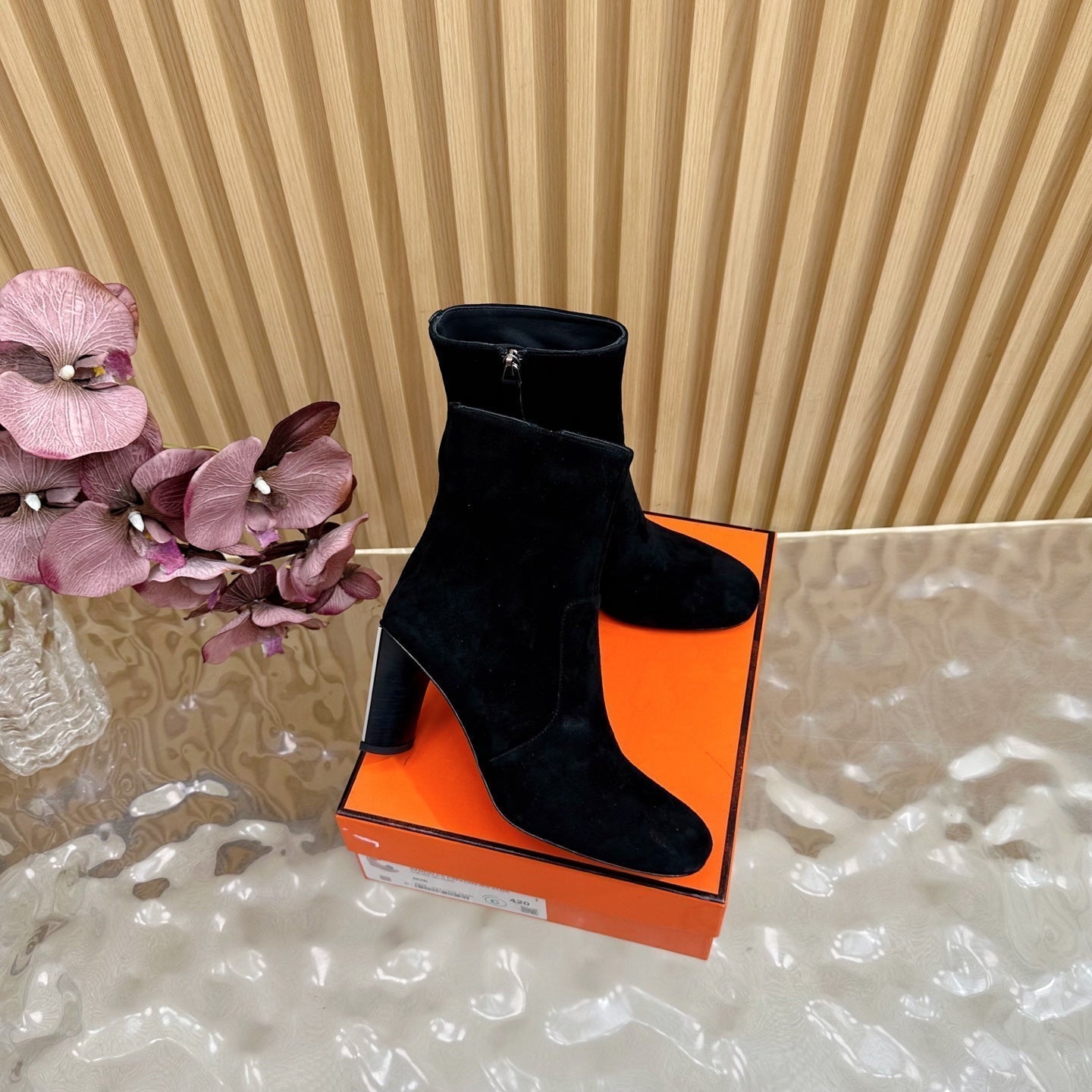 HERMES 25S ANKLE BOOTS 70 MM IN BLACK SUEDE