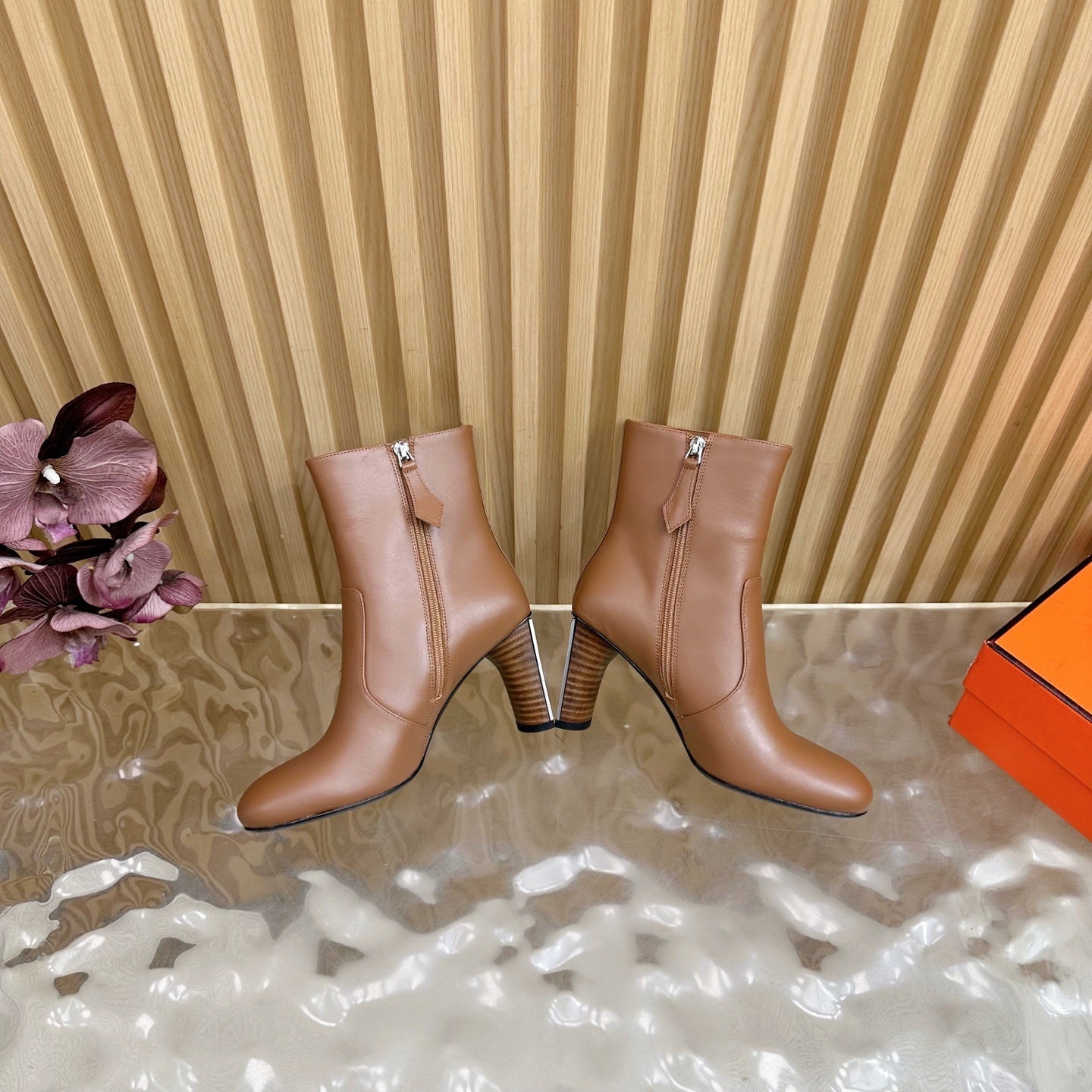 HERMES 25S ANKLE BOOTS 70 MM IN BROWN LAMBSKIN