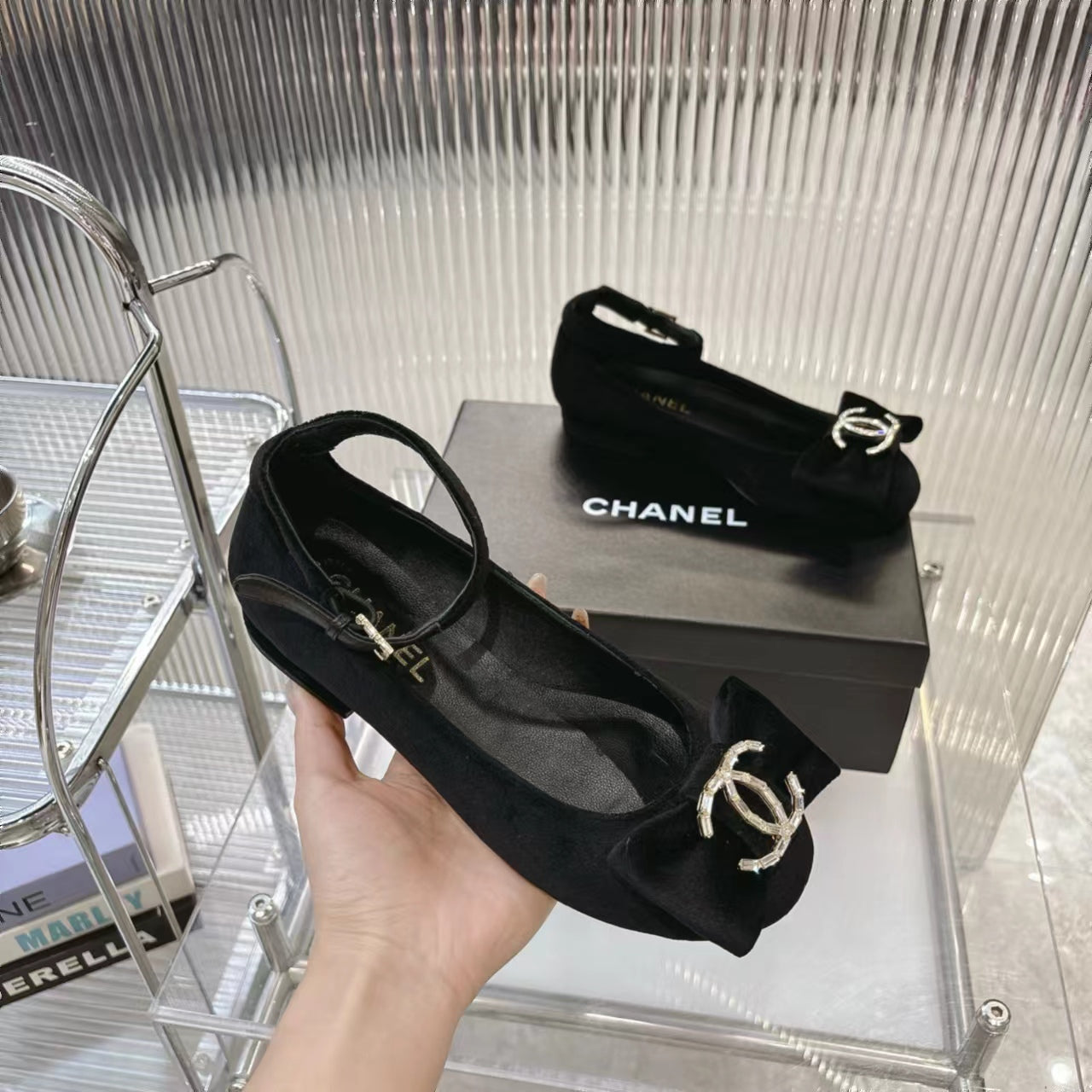 CHANEL BOW MARY JANE SHOES IN BLACK VELVET