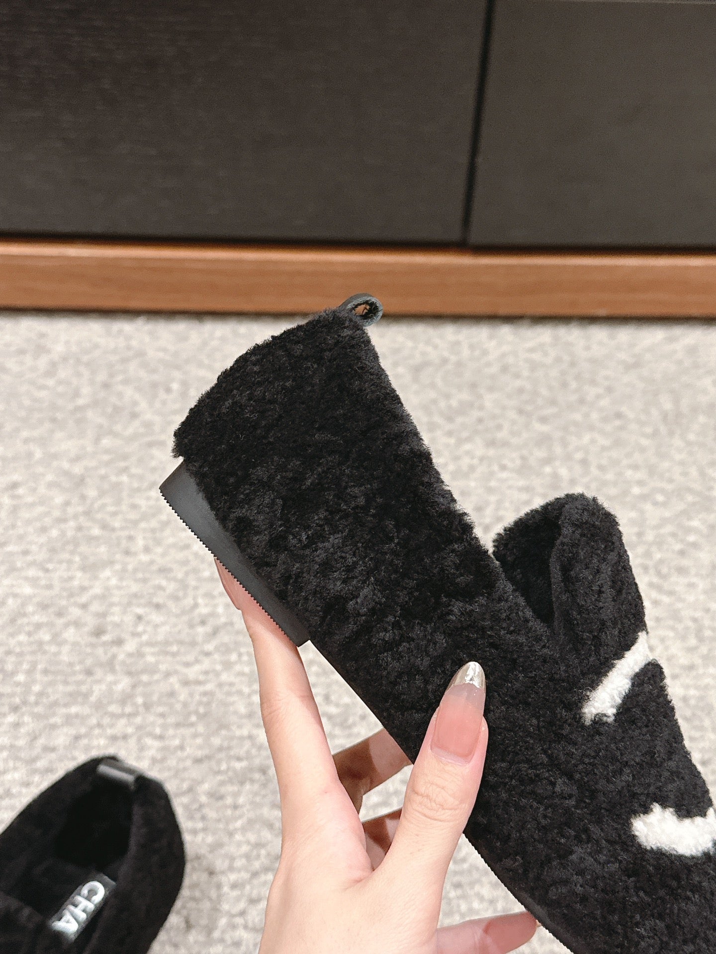 CHANEL LOAFERS IN BLACK FLEECE WITH WHITE LOGO