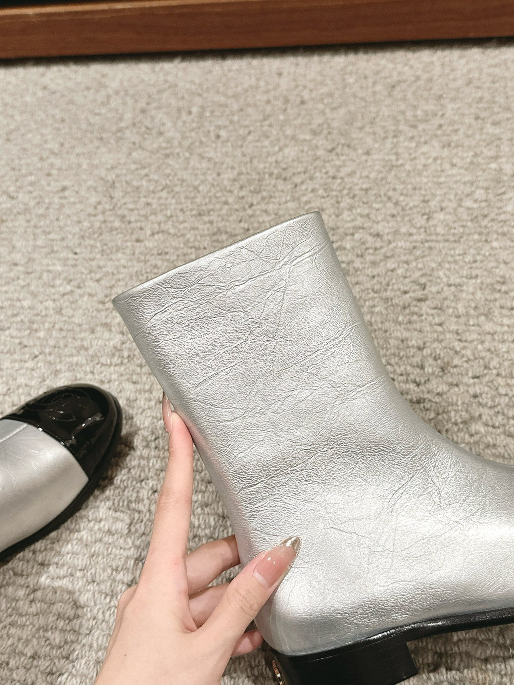 CHANEL SHORT BOOTS IN SILVER MIX BLACK LAMBSKIN
