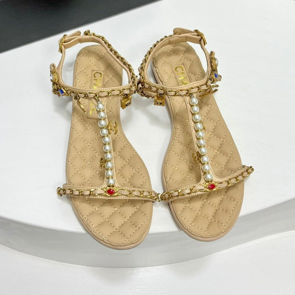 CHANEL SANDALS PEARL CHAIN IN BEIGE CREAM COWHIDE