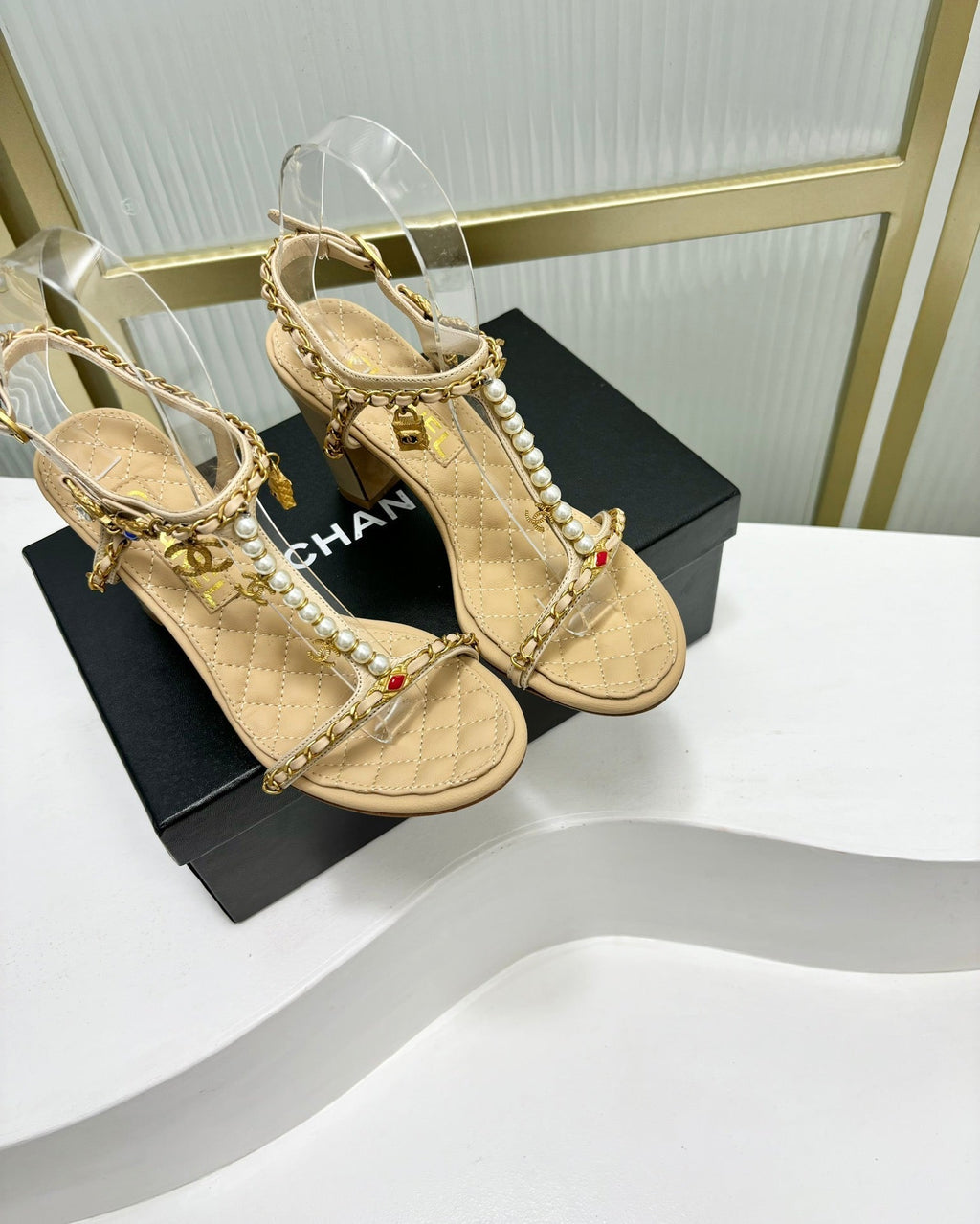 CHANEL HIGH HEELS PEARL CHAIN IN BEIGE CREAM COWHIDE