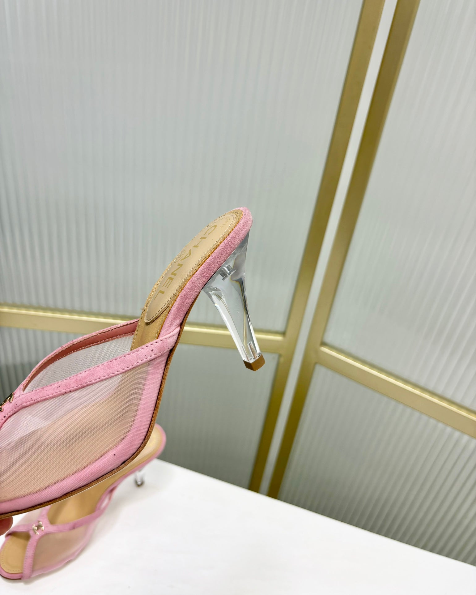 CHANEL HIGH HEEL PEEP TOE IN LIGHT PINK BREATHABLE MESH