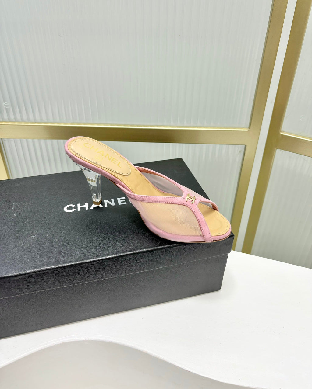 CHANEL HIGH HEEL PEEP TOE IN LIGHT PINK BREATHABLE MESH