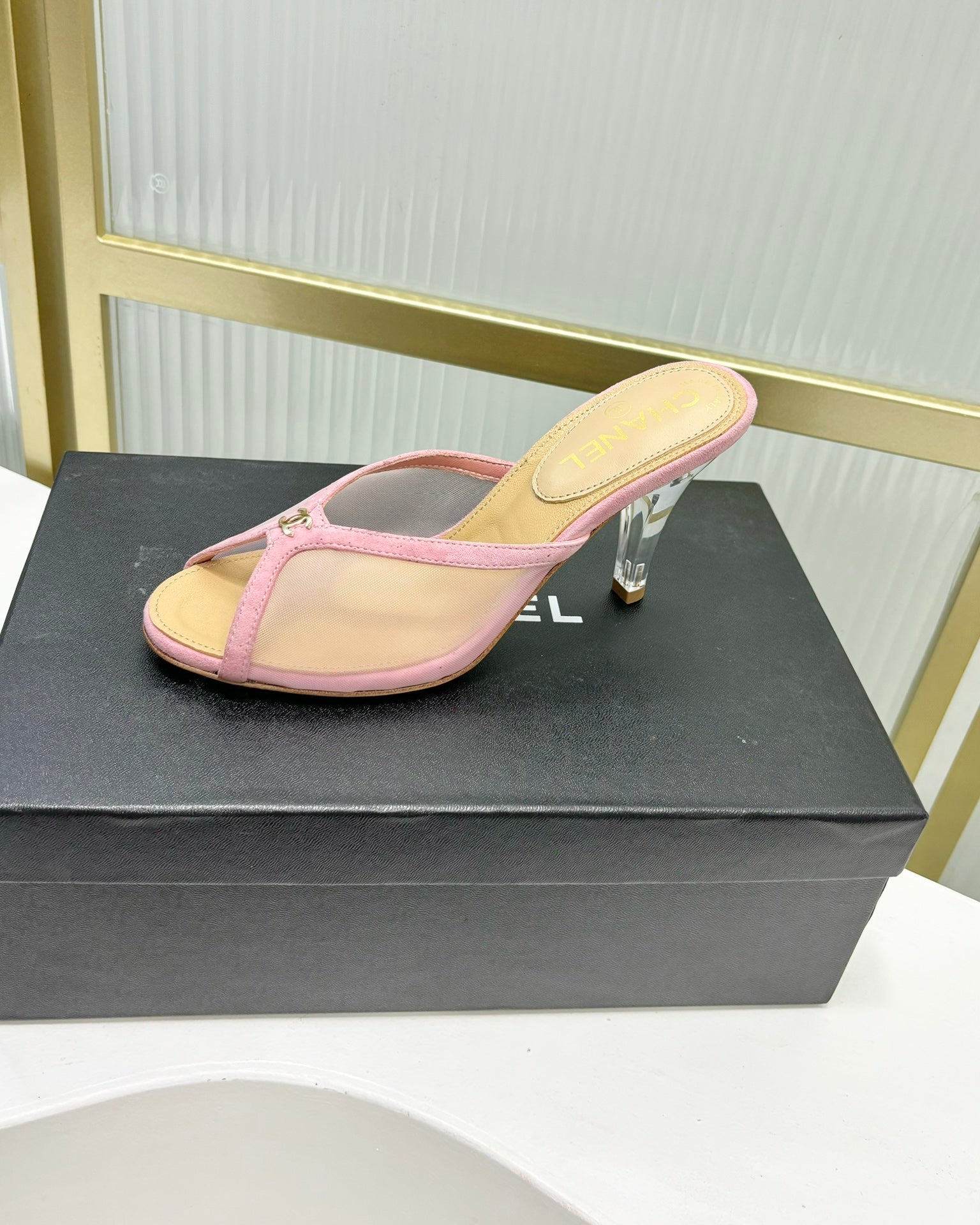 CHANEL HIGH HEEL PEEP TOE IN LIGHT PINK BREATHABLE MESH