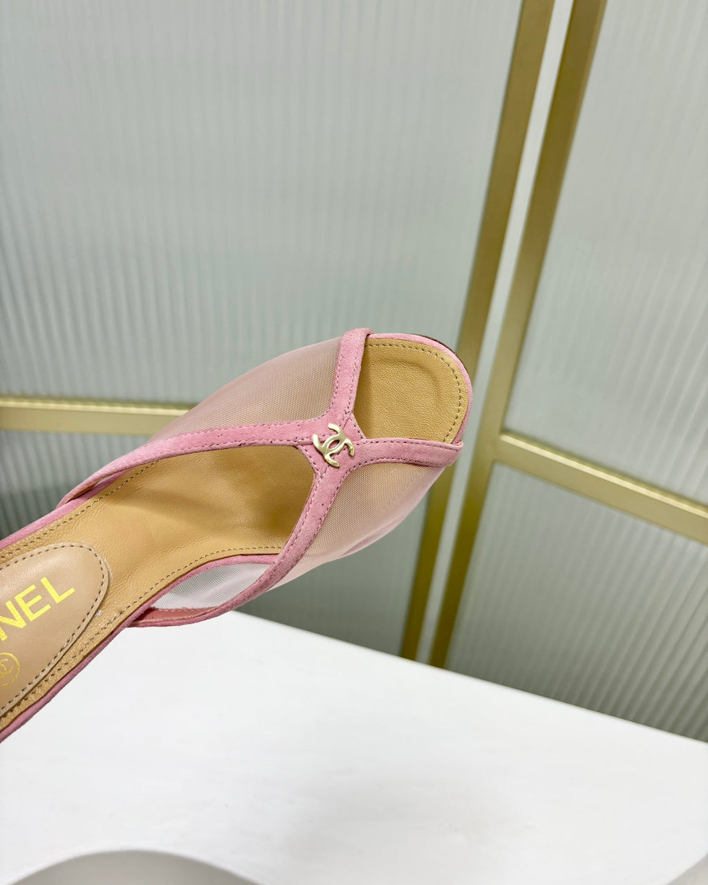 CHANEL HIGH HEEL PEEP TOE IN LIGHT PINK BREATHABLE MESH