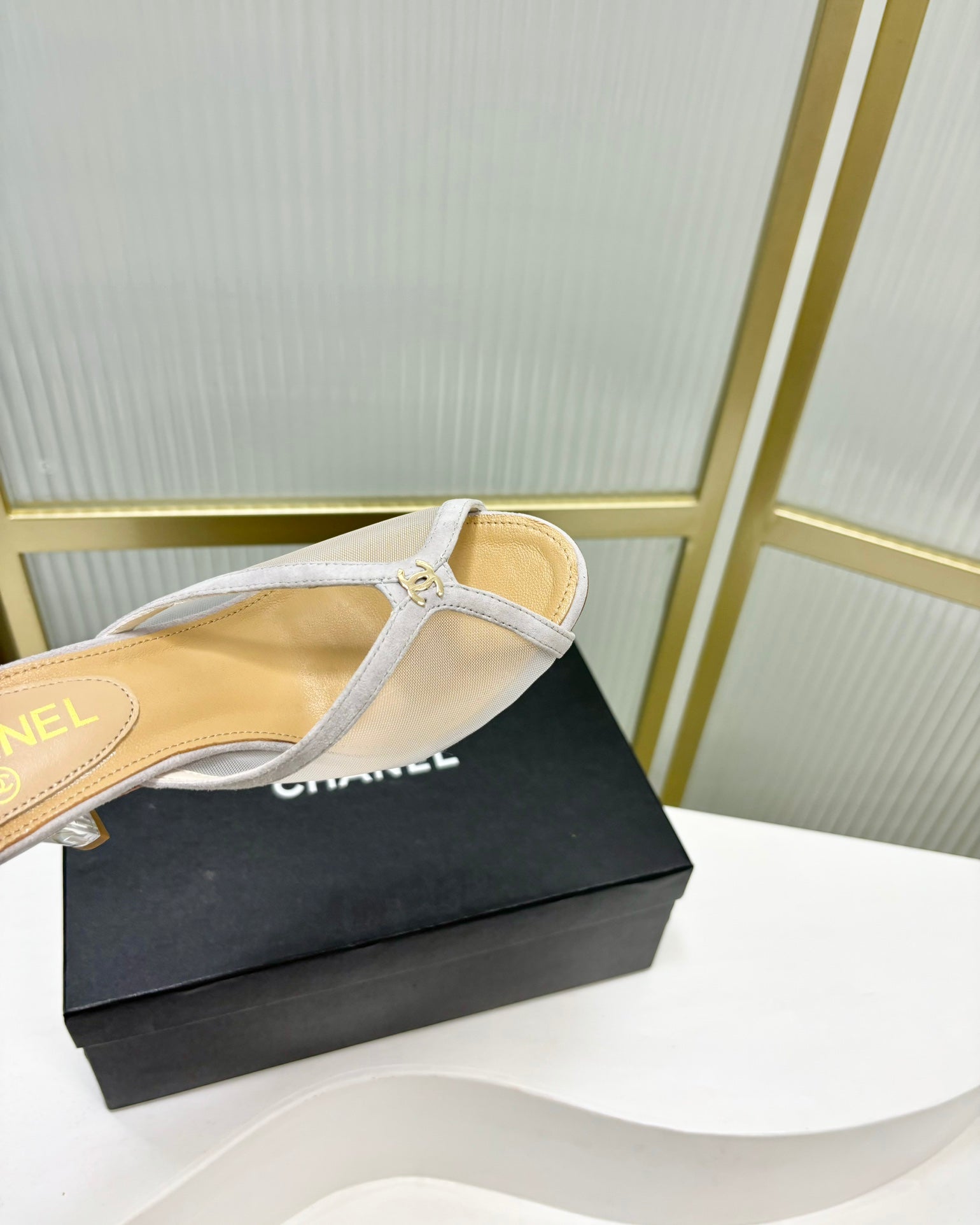 CHANEL HIGH HEEL PEEP TOE IN WHITE BREATHABLE MESH