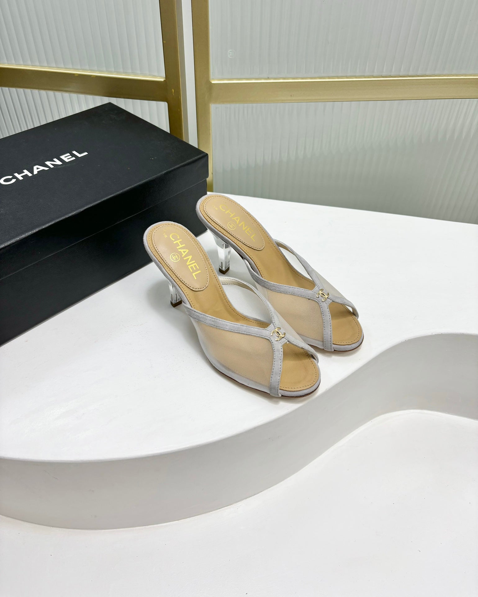 CHANEL HIGH HEEL PEEP TOE IN WHITE BREATHABLE MESH