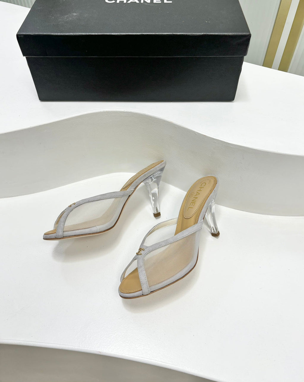 CHANEL HIGH HEEL PEEP TOE IN WHITE BREATHABLE MESH