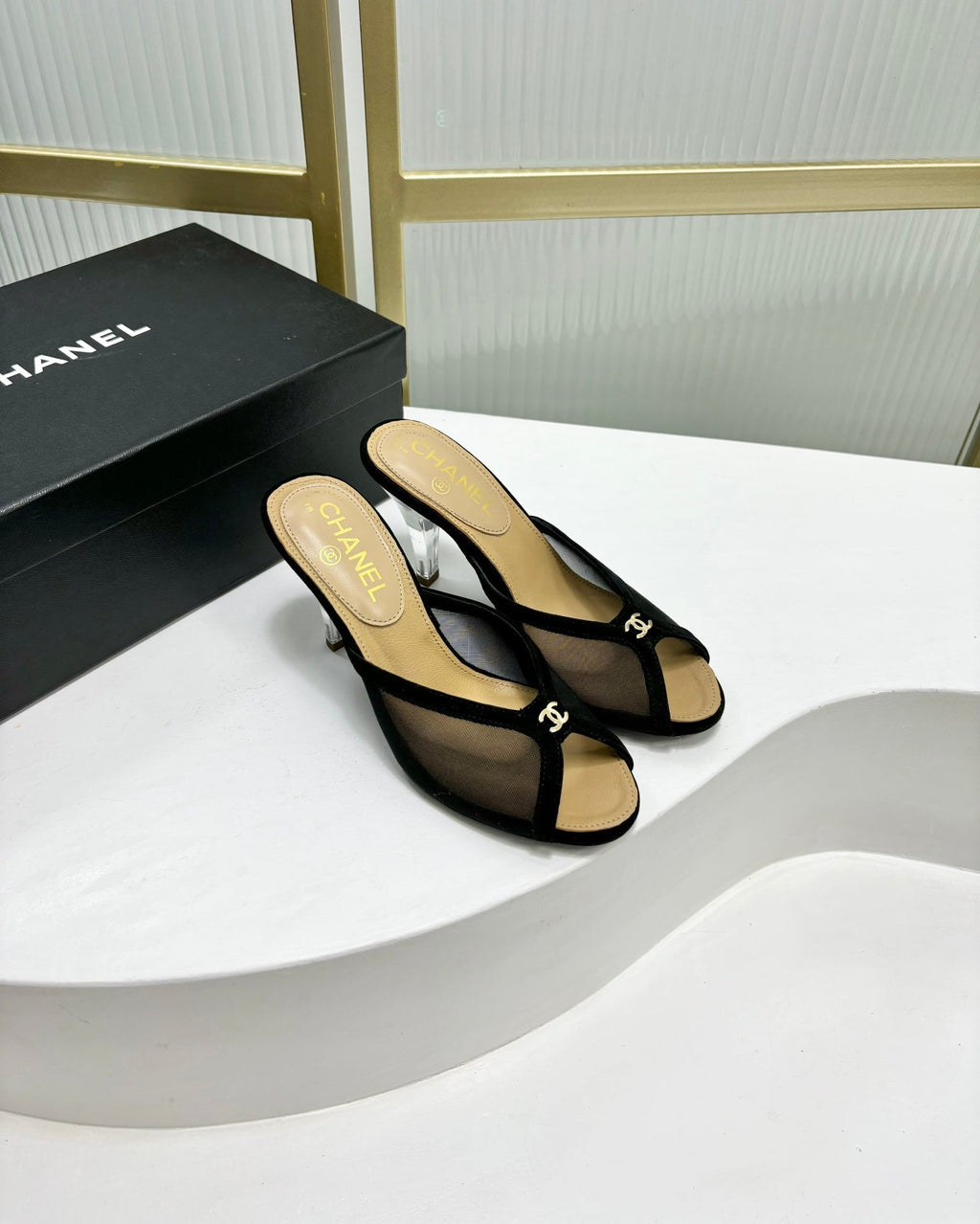 CHANEL HIGH HEEL PEEP TOE IN BLACK BREATHABLE MESH