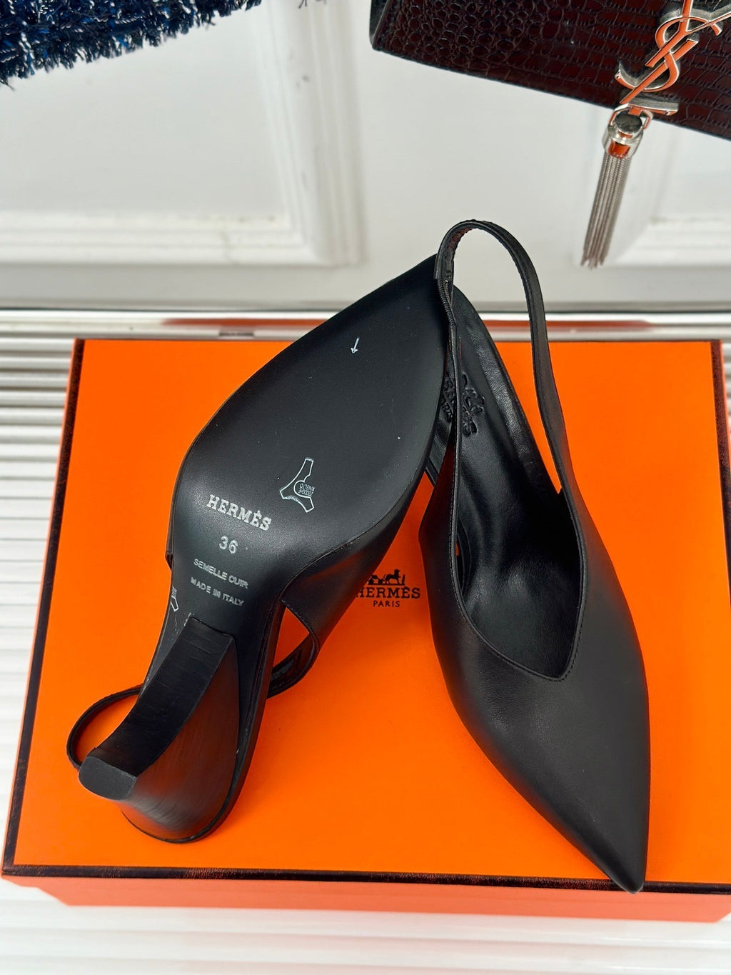 HERMES HIGH HEEL 75 MM POINTED- TOE SANDAL IN BLACK CALFSKIN