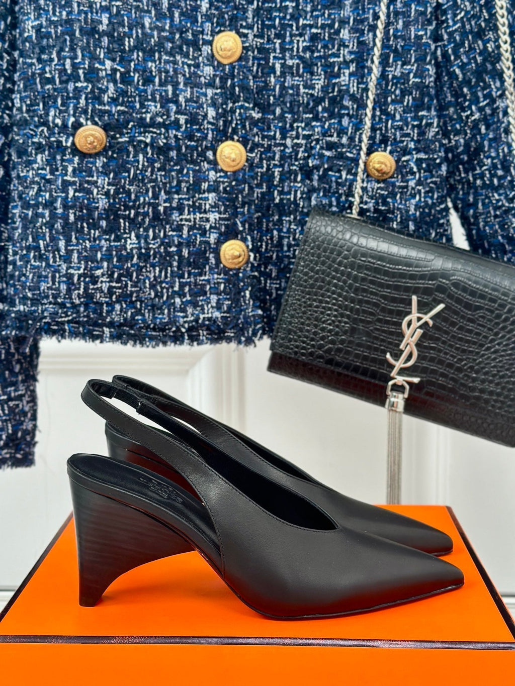 HERMES HIGH HEEL 75 MM POINTED- TOE SANDAL IN BLACK CALFSKIN