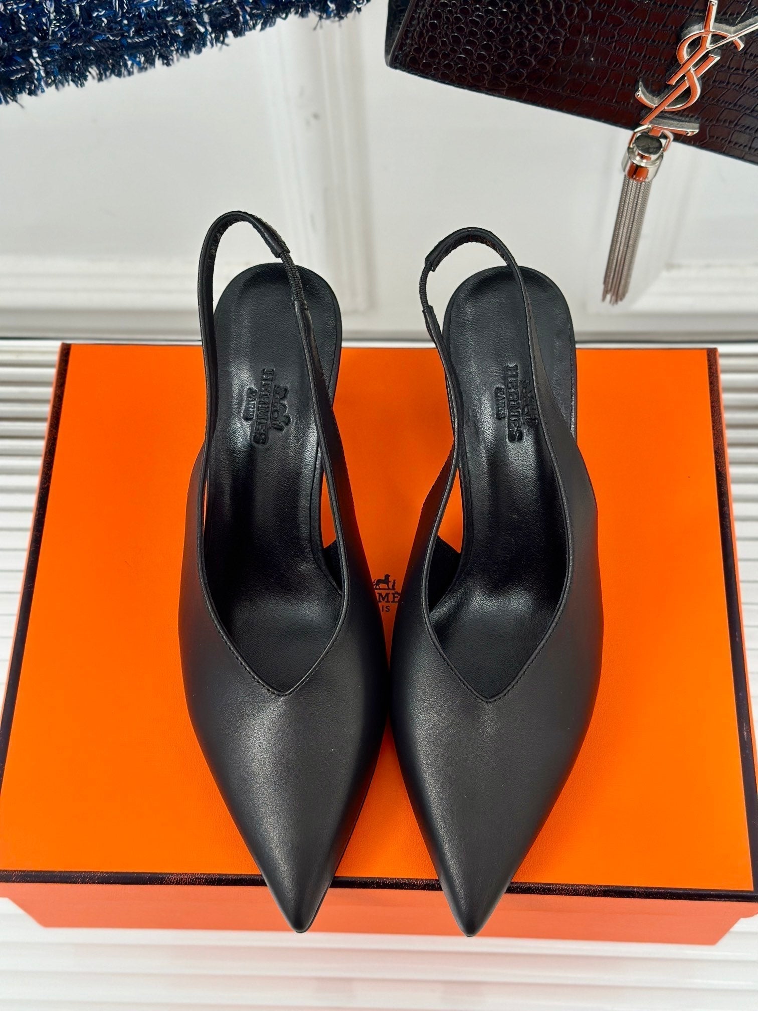 HERMES HIGH HEEL 75 MM POINTED- TOE SANDAL IN BLACK CALFSKIN