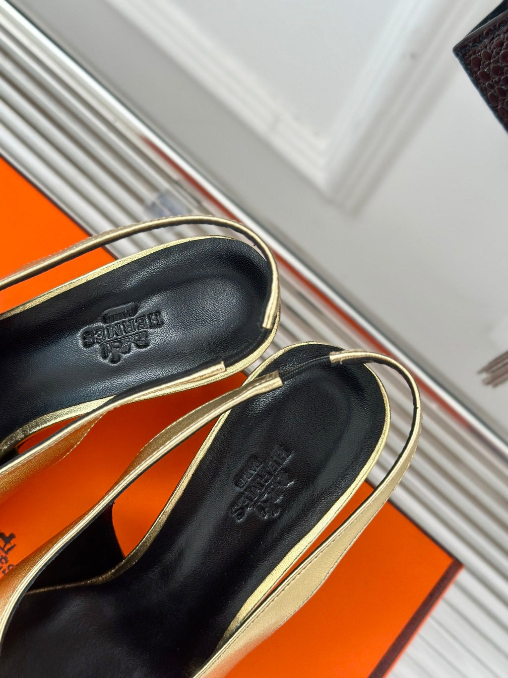 HERMES HIGH HEEL 75 MM POINTED- TOE SANDAL IN GOLD CALFSKIN
