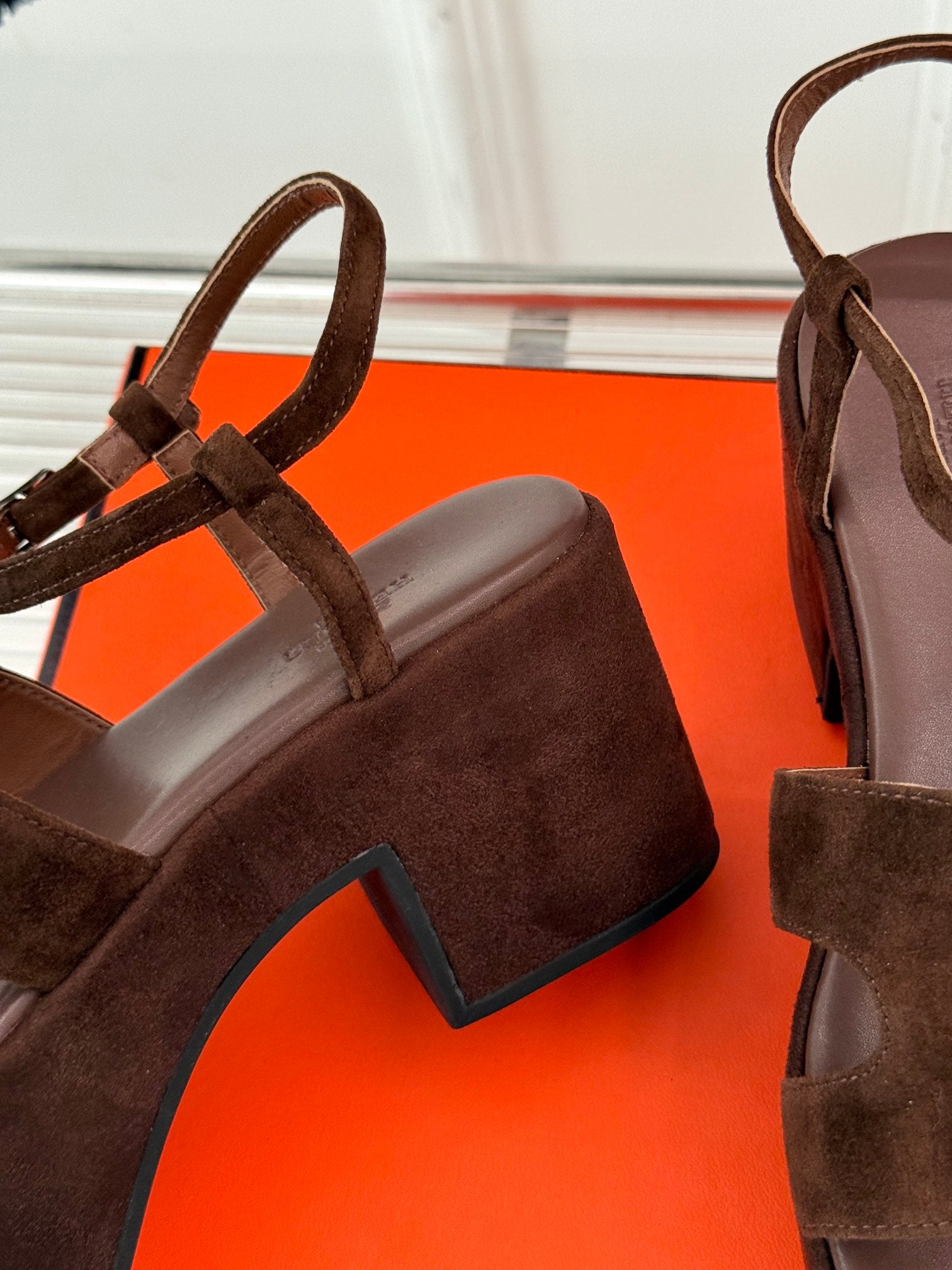 HERMES 25S JAM 30 HIGH-HEEL SANDAL IN DARK BROWN SUEDE