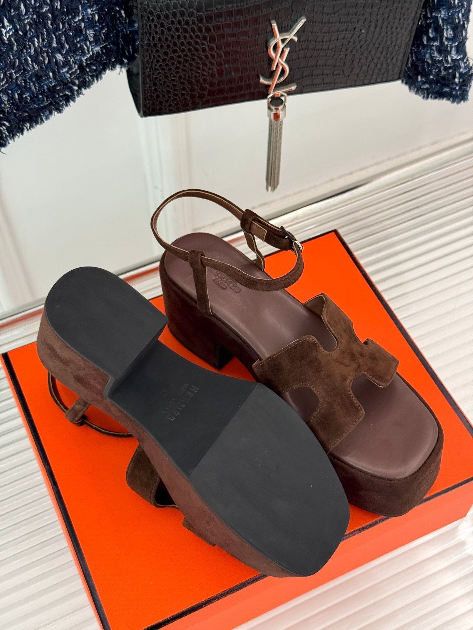 HERMES 25S JAM 30 HIGH-HEEL SANDAL IN DARK BROWN SUEDE