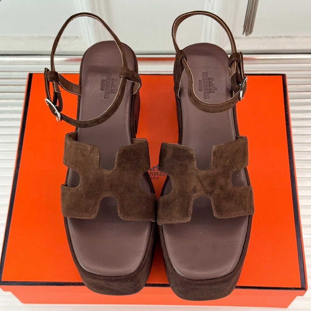 HERMES 25S JAM 30 HIGH-HEEL SANDAL IN DARK BROWN SUEDE