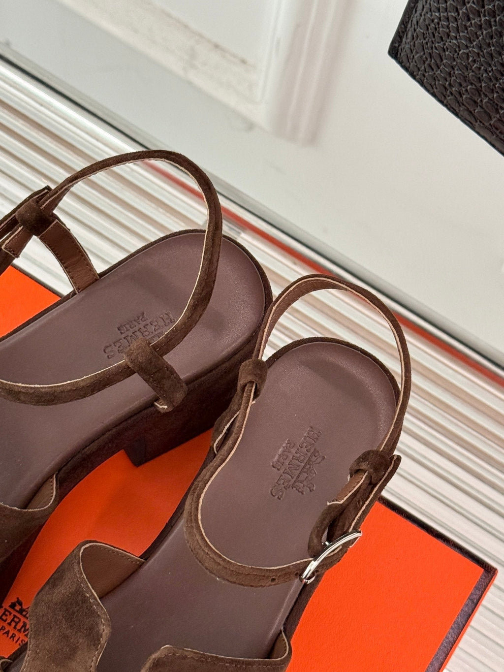 HERMES 25S JAM 30 HIGH-HEEL SANDAL IN DARK BROWN SUEDE