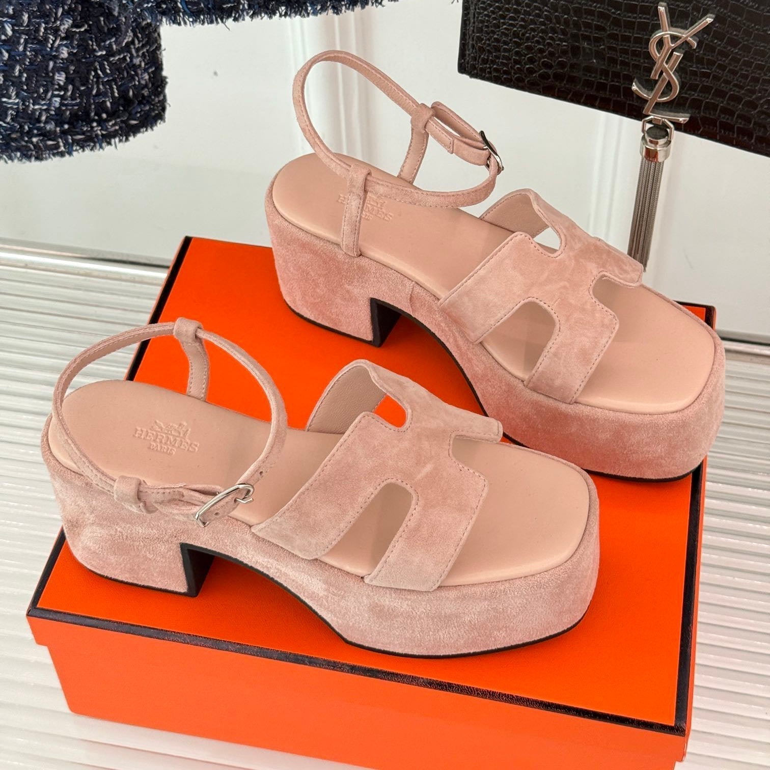 HERMES 25S JAM 30 HIGH-HEEL SANDAL IN PEACH PINK SUEDE