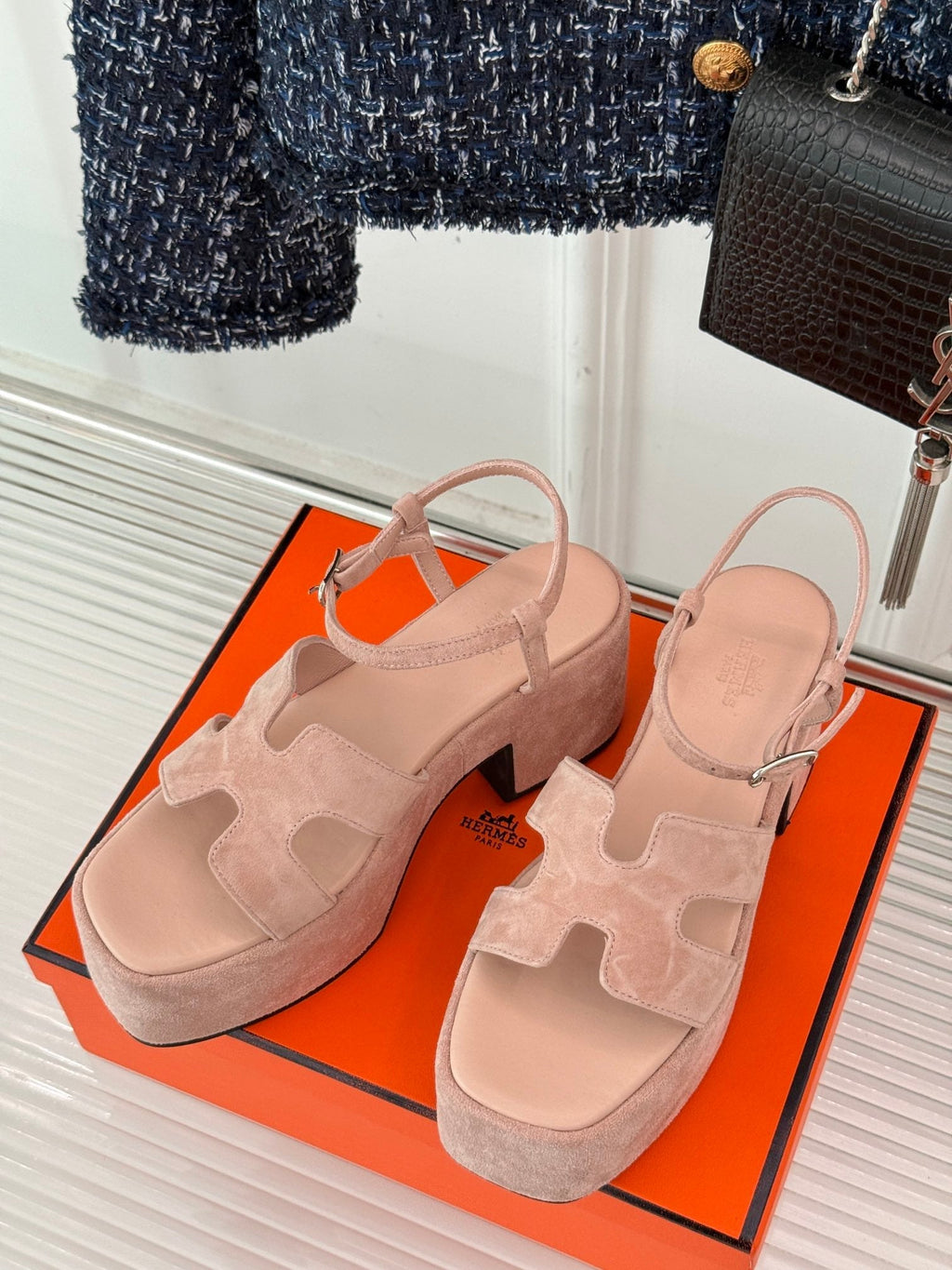 HERMES 25S JAM 30 HIGH-HEEL SANDAL IN PEACH PINK SUEDE
