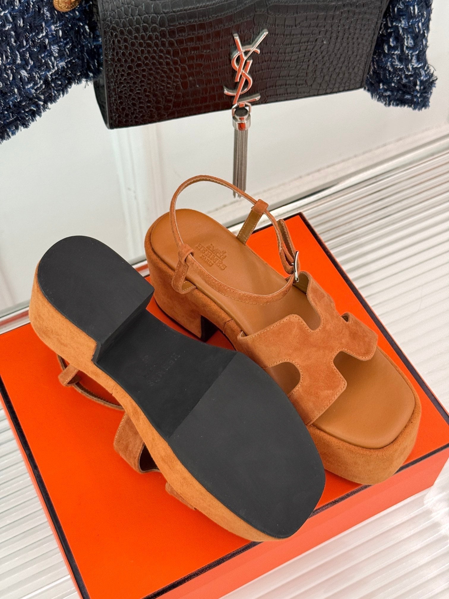 HERMES 25S JAM 30 HIGH-HEEL SANDAL IN TERRACOTTA ORANGE SUEDE