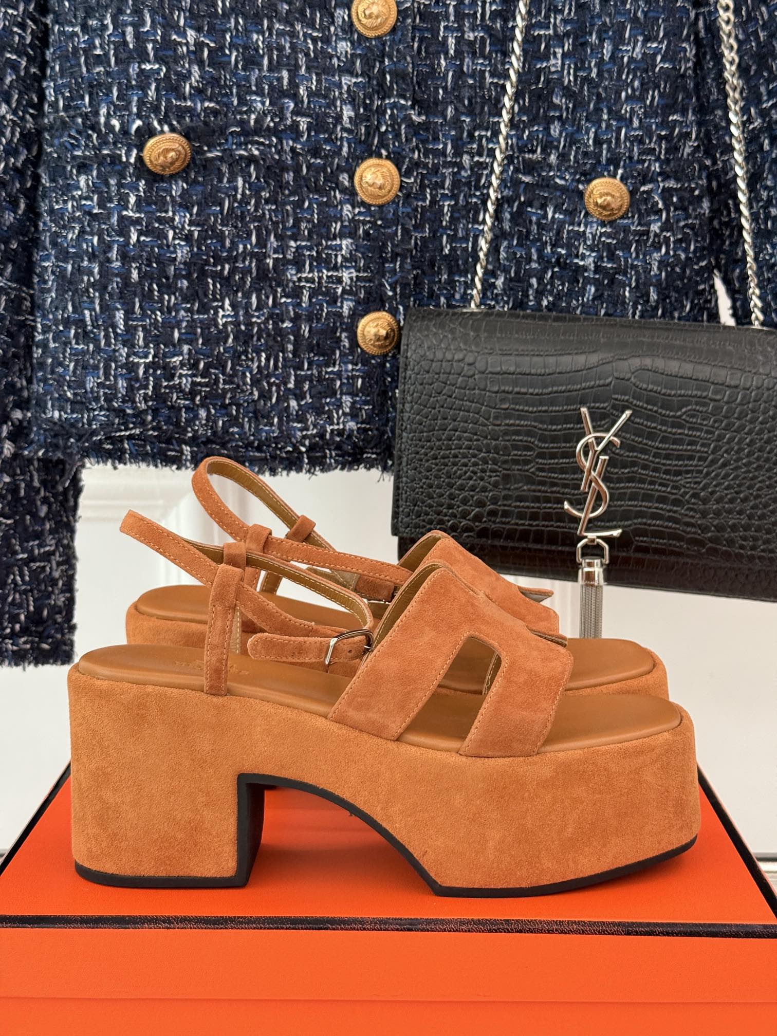 HERMES 25S JAM 30 HIGH-HEEL SANDAL IN TERRACOTTA ORANGE SUEDE