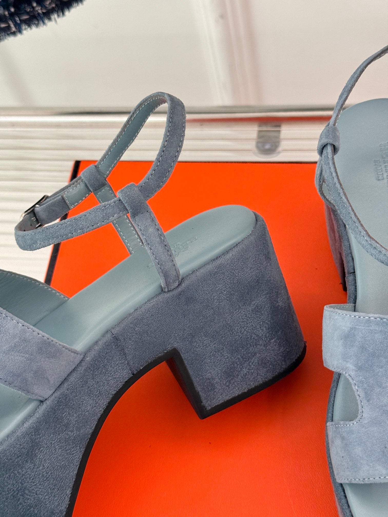HERMES 25S JAM 30 HIGH-HEEL SANDAL IN STEEL BLUE GRAY SUEDE
