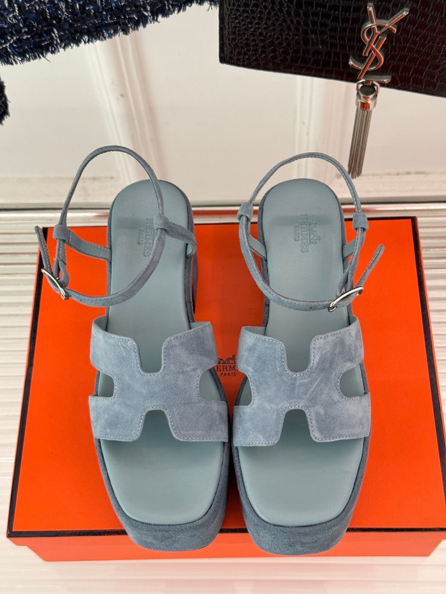 HERMES 25S JAM 30 HIGH-HEEL SANDAL IN STEEL BLUE GRAY SUEDE