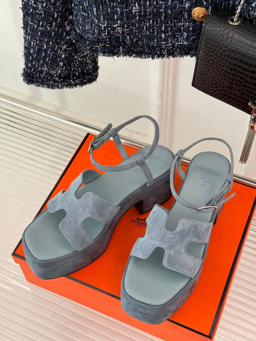 HERMES 25S JAM 30 HIGH-HEEL SANDAL IN STEEL BLUE GRAY SUEDE
