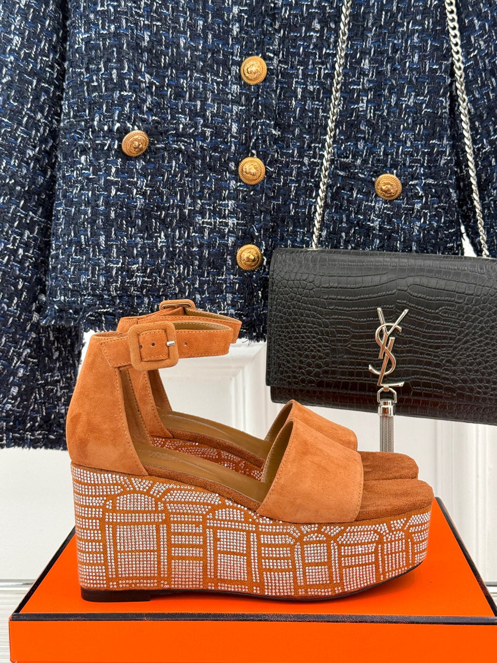 HERMES ILLUSION 35 SANDAL IN VIVID ORANGE SUEDE WITH RHINESTONE DETAILS