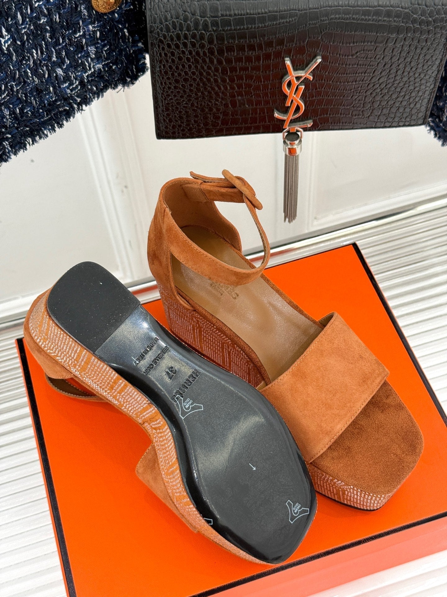 HERMES ILLUSION 35 SANDAL IN VIVID ORANGE SUEDE WITH RHINESTONE DETAILS