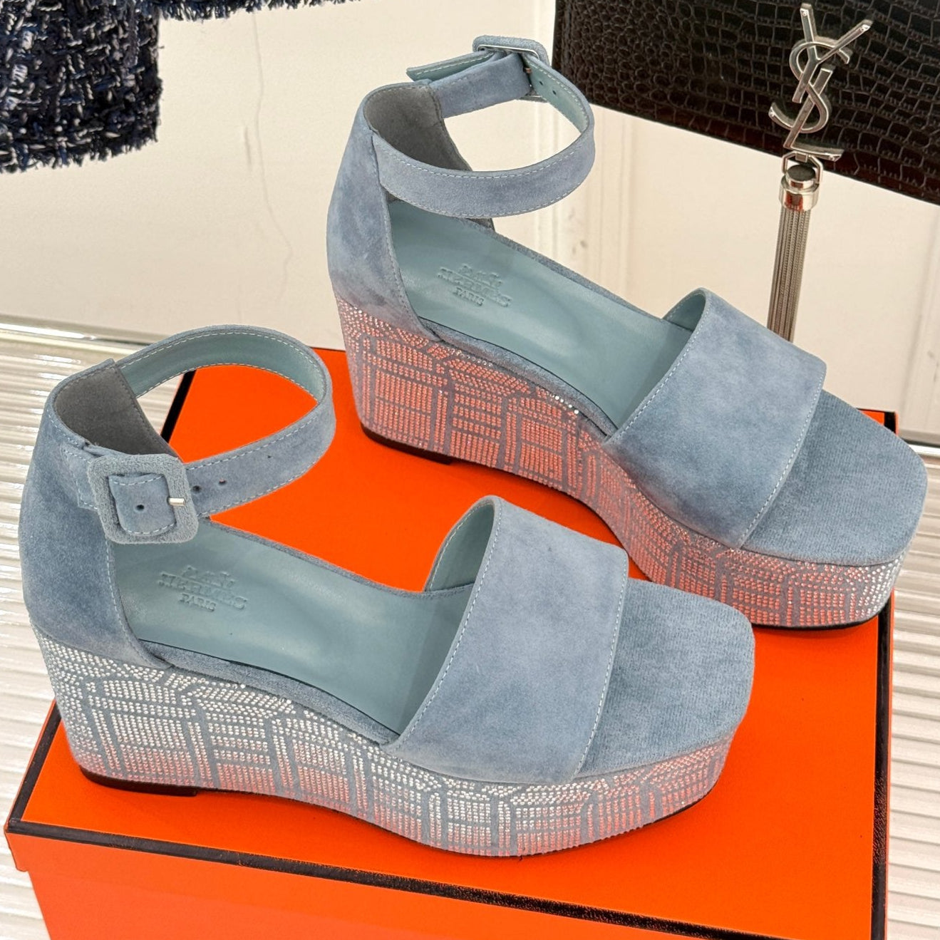 HERMES ILLUSION 35 SANDAL IN LIGHT BLUE SUEDE WITH RHINESTONE DETAILS