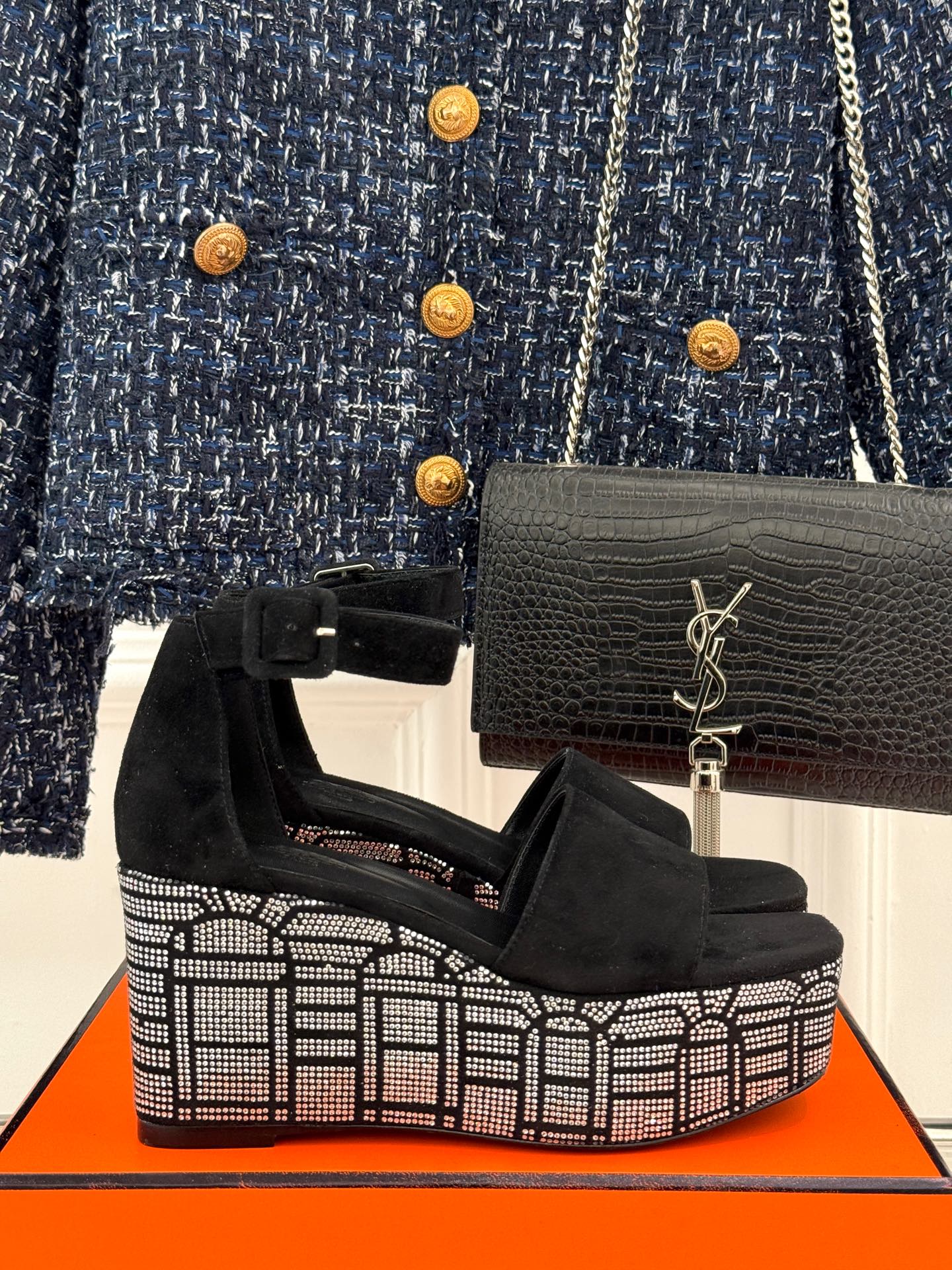 HERMES ILLUSION 35 SANDAL IN BLACK SUEDE WITH RHINESTONE DETAILS